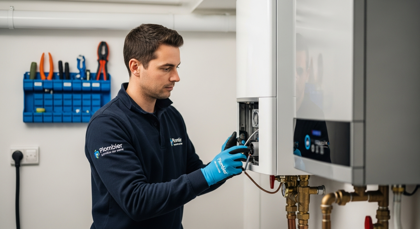 Artisan plombier installant un nouveau chauffe-eau thermodynamique dans une maison d'Asnières.